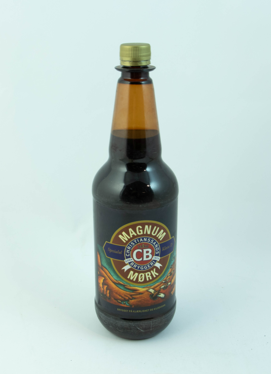 Brun plastflaske med flerfarget etikett