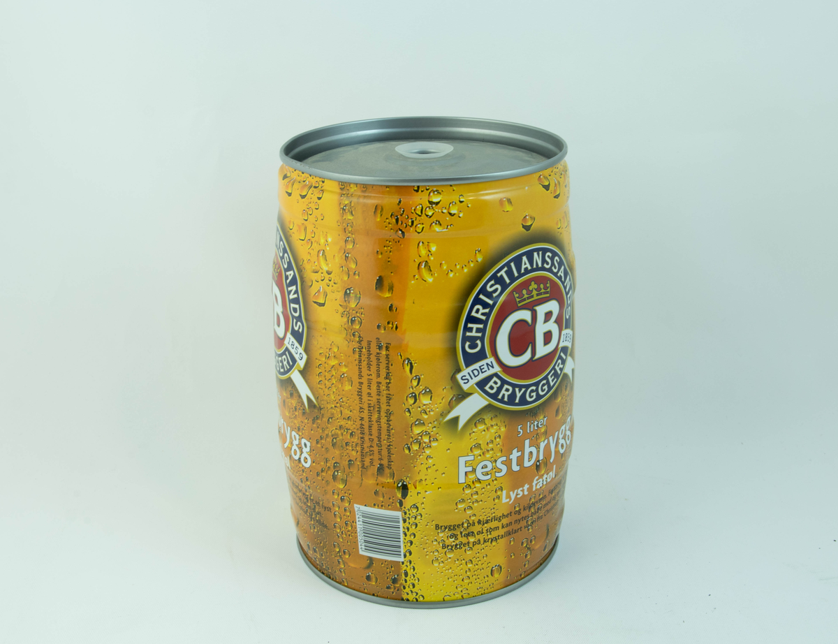 Gult aluminiumsfat med flerfarget logo og detaljer