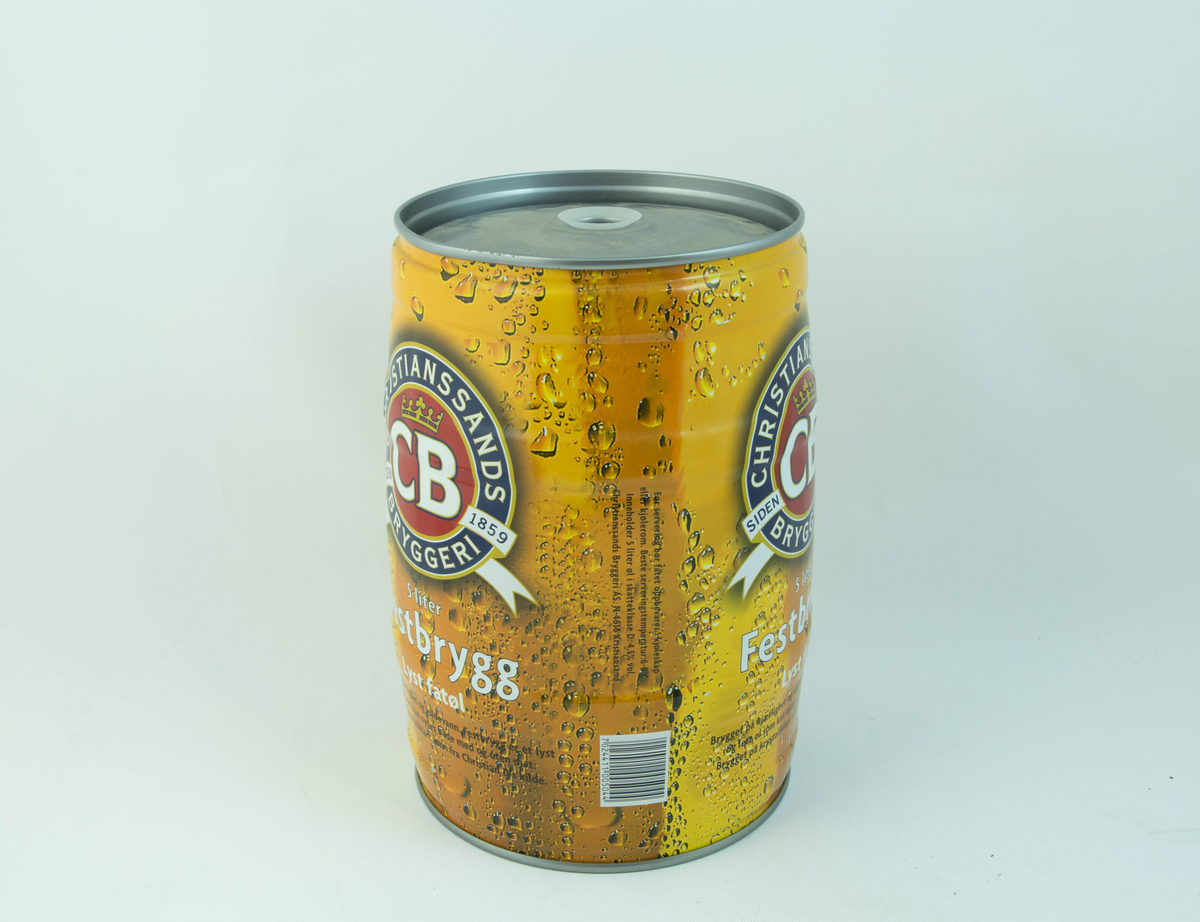 Gult aluminiumsfat med flerfarget logo og detaljer