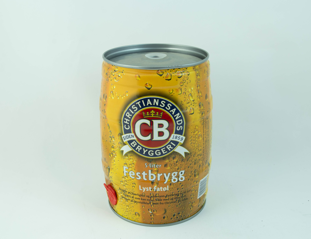 Gult aluminiumsfat med flerfarget logo og detaljer