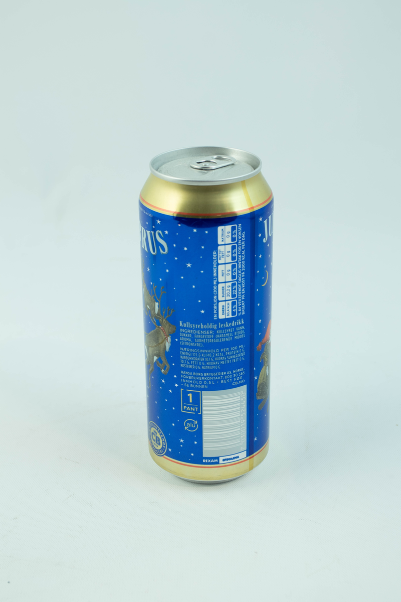 Blå aluminuimsboks som har flerfarget logo og julemotiv