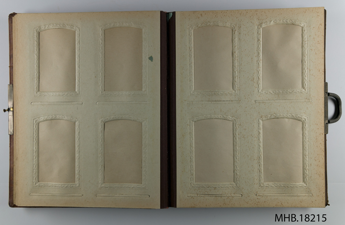 Utvendig: 
På forsiden preget Jugenstil motiver, med blader, bær og sløyfe. 
På baksiden pseudo -renessanse geometrisk preget dekor.

Innvendig: 
Beige papp, med innstikklommer for fotografier med preget blader, ufargede.