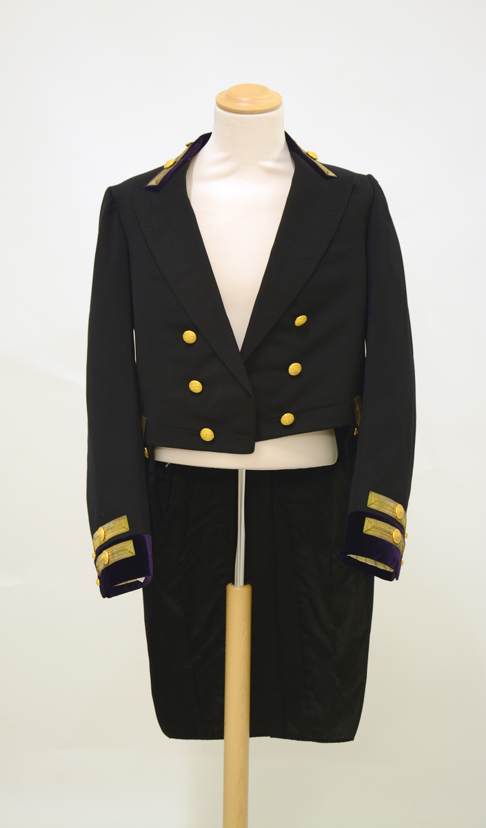 Kammerherreuniform, daglig bruk.
Sort klede, dyp rødfiolett fløyel, gullbånd, "gull"knapper med krone.