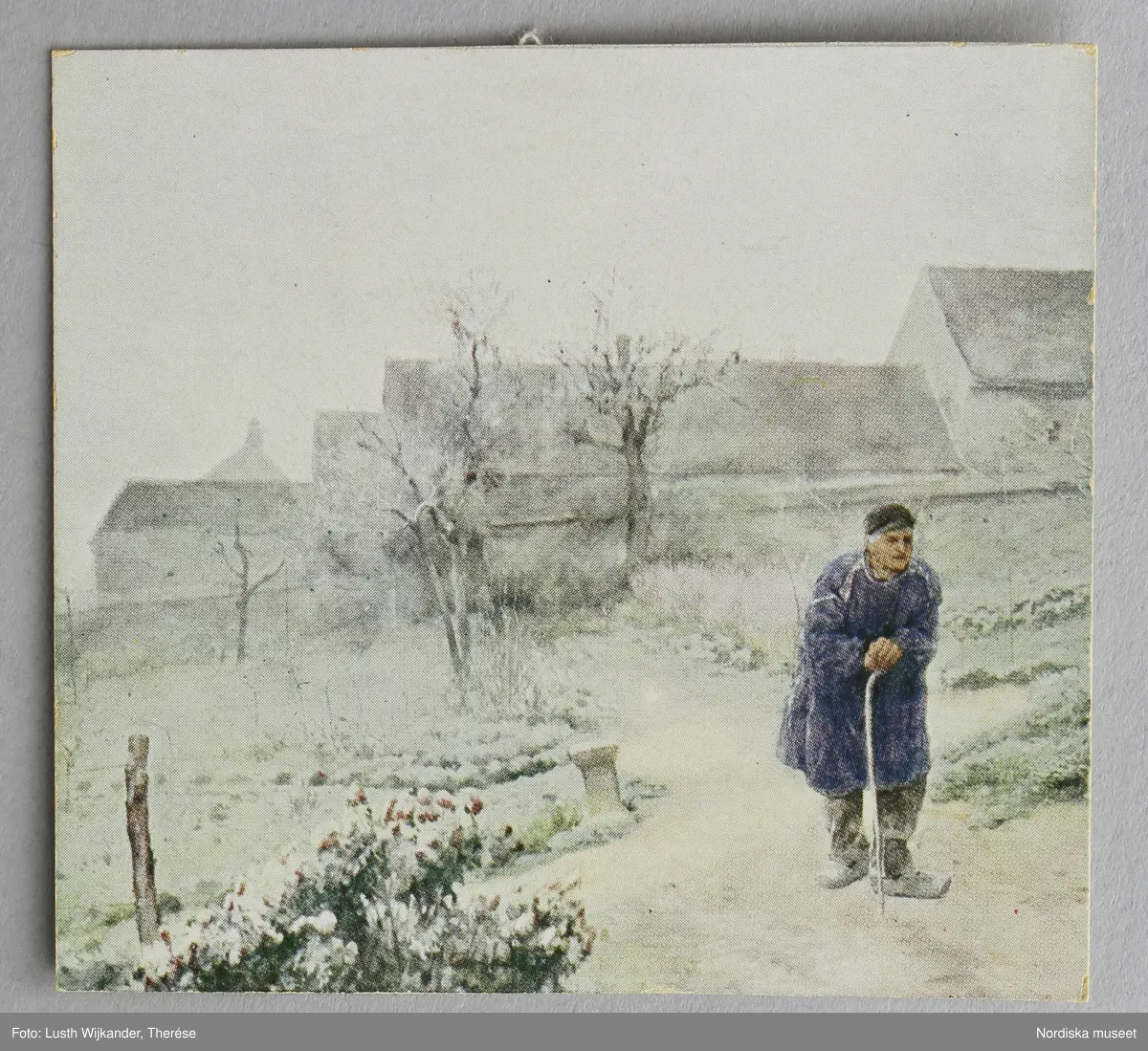 Inventering Sesam 1996-1999:
L 8,8 cm
B 8,1 cm
Tavla till dockskåp, av papp med tryckt motiv föreställande gammal man i trädgård, originalet av Carl Larsson. På baksidan tryckt text i ena hörnet "Novembre / November" och rester av klister.
Troligen klippt ur almanacka, vykort eller dyl.
Brukad av Catarina (född 1919) och Anne-Sophie (född 1921) von Heidenstam, döttrar till givaren.
Tillhör dockskåp 220.405 med inv nr 220.406-220.760
Leif Wallin okt 1997