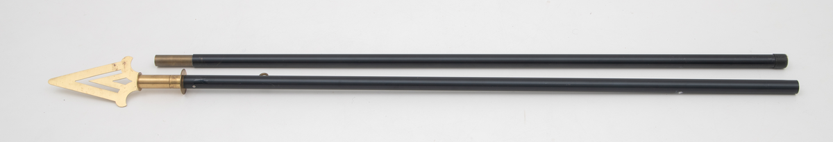 Svart fanestang i metall med toppstykke, platespyd. 

(Rektangulær faneduk i blått med gule påsydde snorer på hver side og frynser langs nederste kant. Bardun- og styresnorer og possement i gult.)