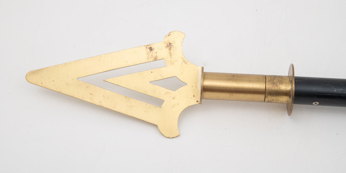 Svart fanestang i metall med toppstykke, platespyd. 

(Rektangulær faneduk i blått med gule påsydde snorer på hver side og frynser langs nederste kant. Bardun- og styresnorer og possement i gult.)