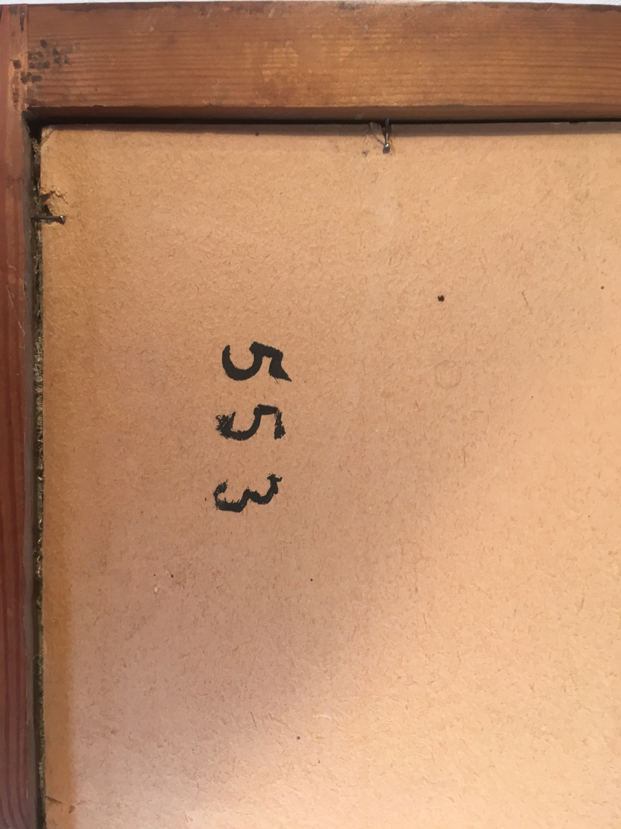 Navneduk brodert, med ramme. Tekst bak på ramme. 1790