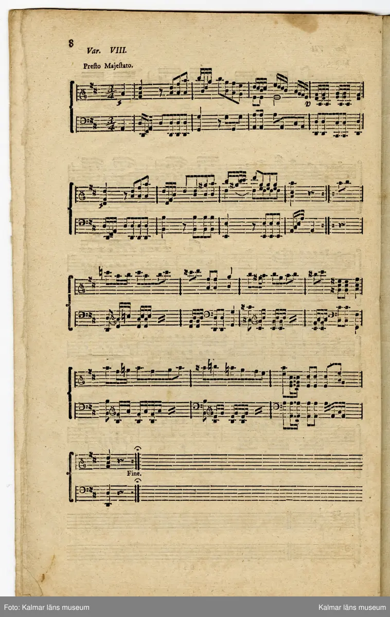 KLM 28690:129. Nothäfte. Tryck. Hemgjort häfte av brun-och rosa marmorerat papper med gul handskriven etikett. Påskrift etikett: Overture de l´Opera Idomeneo composée par Mozart. Ryggen lagad senare. Innehåller notblad med texten: " Ouverture de l´Opera Idomeneo arrangé pour le Fortepiano avec Flute et Violon ad libitum. Composée par Mozart"  samt  "Allegretto pour le Fortepiano avec VIII Variations ailées avec l´accompagnement de flute et Violon ad libitum. Composées par Fréderic Baumer. Häftet märkt på omslagets insida: Louis de Baerenfels" på inlagans titelsida "L. v. Baerenfels". 

Beskrivning av olika stycken i samlingen av noter enligt RISM: 

Mozart Wolfgang Amadeus Overture de l´opera Indomeneo arrangée pour le fortepiano avec flute et violon ad libitum. Composée par Mozart. (KV 366) Berlin, ...Rellstab, s.d. 3 fasc.: pf, vl, fl,. Typendruck. S Kalmar Kalmar läns museum (KLM 28690:129)

Baumer Friedrich Allegretto (D) pour le fortepiano avec VIII variations aisées avec l´accompagnement de flute et violon ad libitum. Composées par Fréderic Baumer. Berlin, Jean Charles Fréderic Rellstab, s.d. 3 fasc.: vl, vl, fl. S Kalmar Kalmar läns museum (KLM28690:126)

Ytterligare stycken ingår i samlingen men har inte registrerats i RISM.