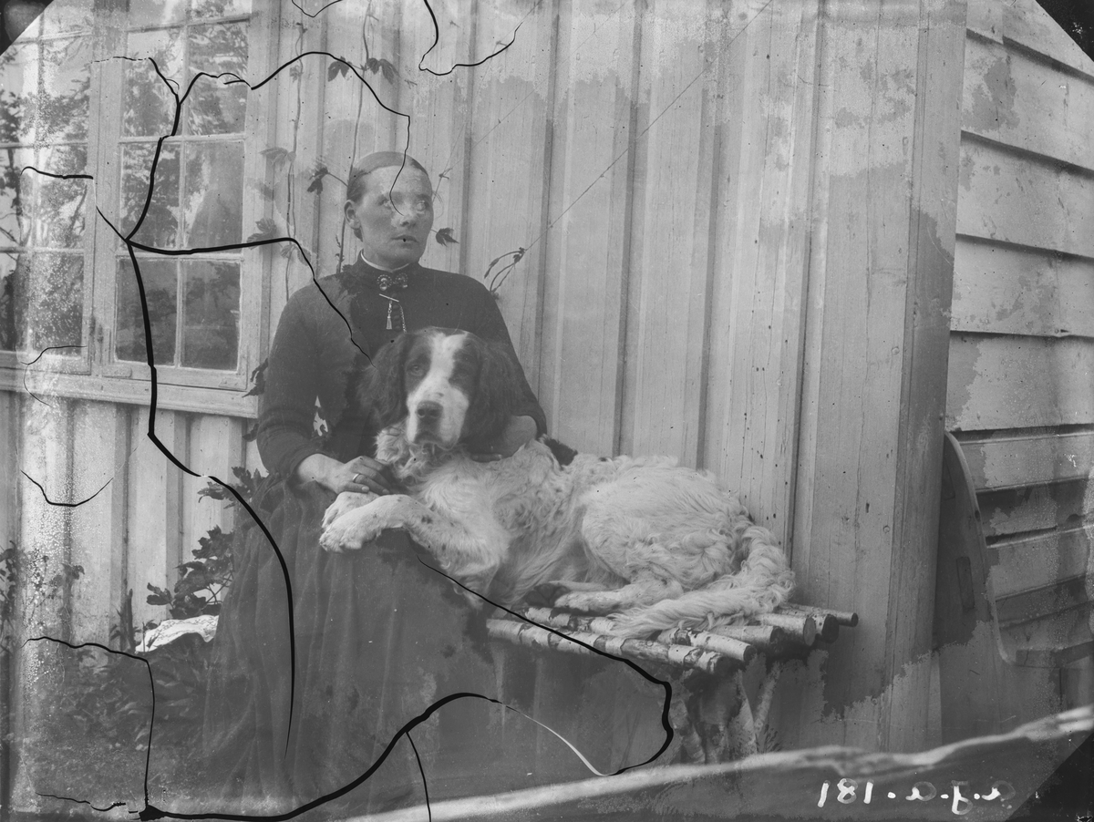 Kvinne og hund foran Dr. Chr Garmann Anderssens bolig i Lofthus.