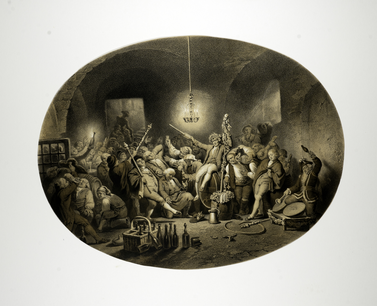 Illustration av Carl Michael Bellmans "Bacchi första riddarslag" (Fredmans sånger N:o 2)
Festscen i en källarlokal.
