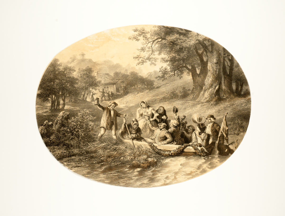 Illustration av Carl Michael Bellmans "Som är ett försök til en Pastoral i Bacchanalisk smak, skrifven vid Ulla Winblads öfverfart til Djurgården" (Fredmans epistlar N:o 25)
Scen med en grupp festande män och kvinnor i en båt på en kanal.