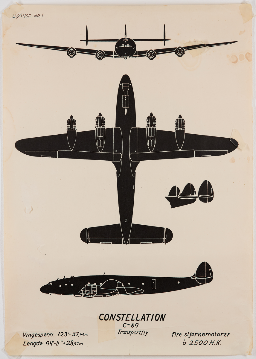 Constellation C-69 transportfly. Plakat fra Luftvaktinspeksjonen som viser militære fly fra forskjellige vinkler.