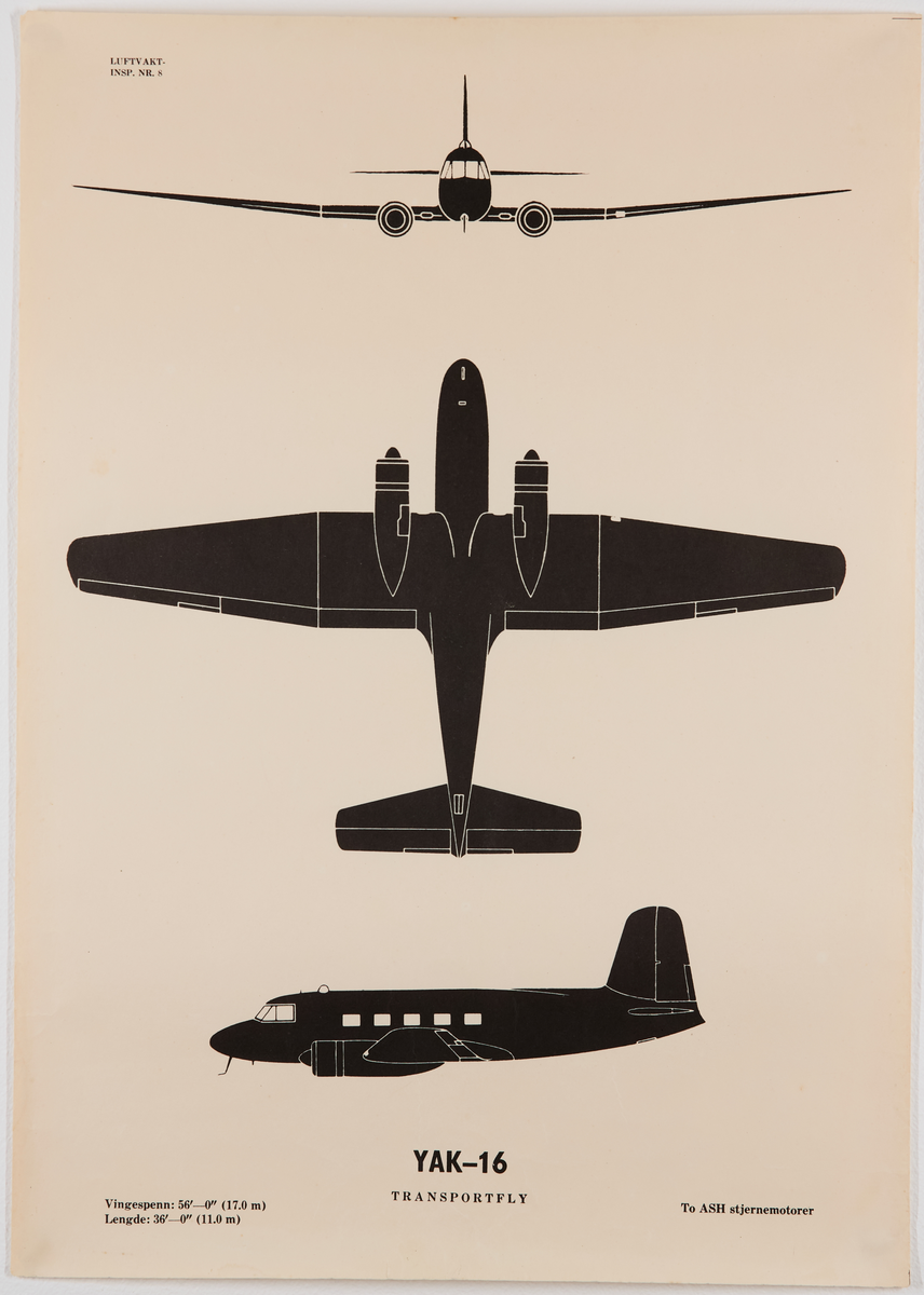 Yak-16 transportfly. Plakat fra Luftvaktinspeksjonen som viser militære fly fra forskjellige vinkler.