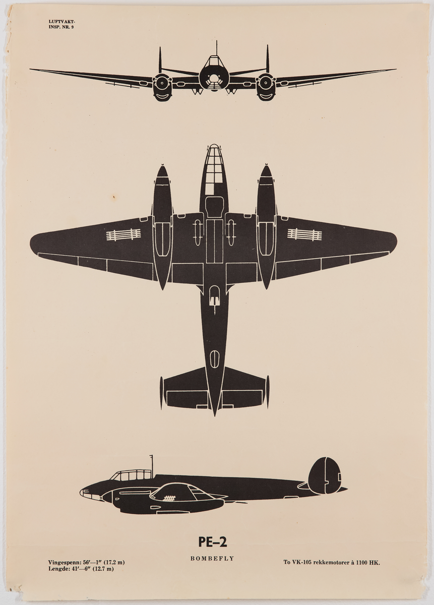 PE-2 bombefly. Plakat fra Luftvaktinspeksjonen som viser militære fly fra forskjellige vinkler.