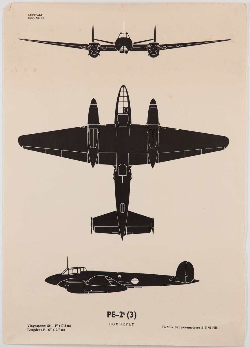 PE-2b (3) bombefly. Plakat fra Luftvaktinspeksjonen som viser militære fly fra forskjellige vinkler.