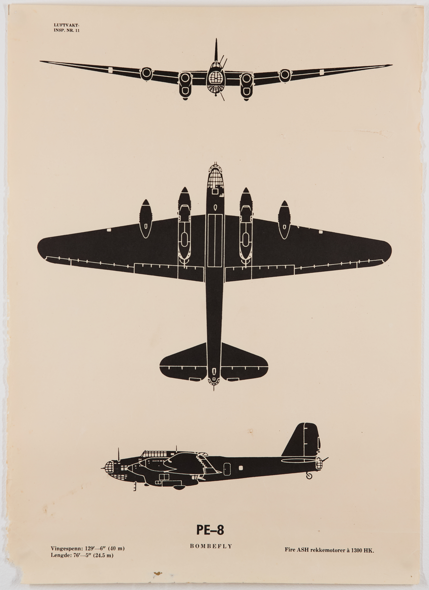 PE-8 bombefly. Plakat fra Luftvaktinspeksjonen som viser militære fly fra forskjellige vinkler.