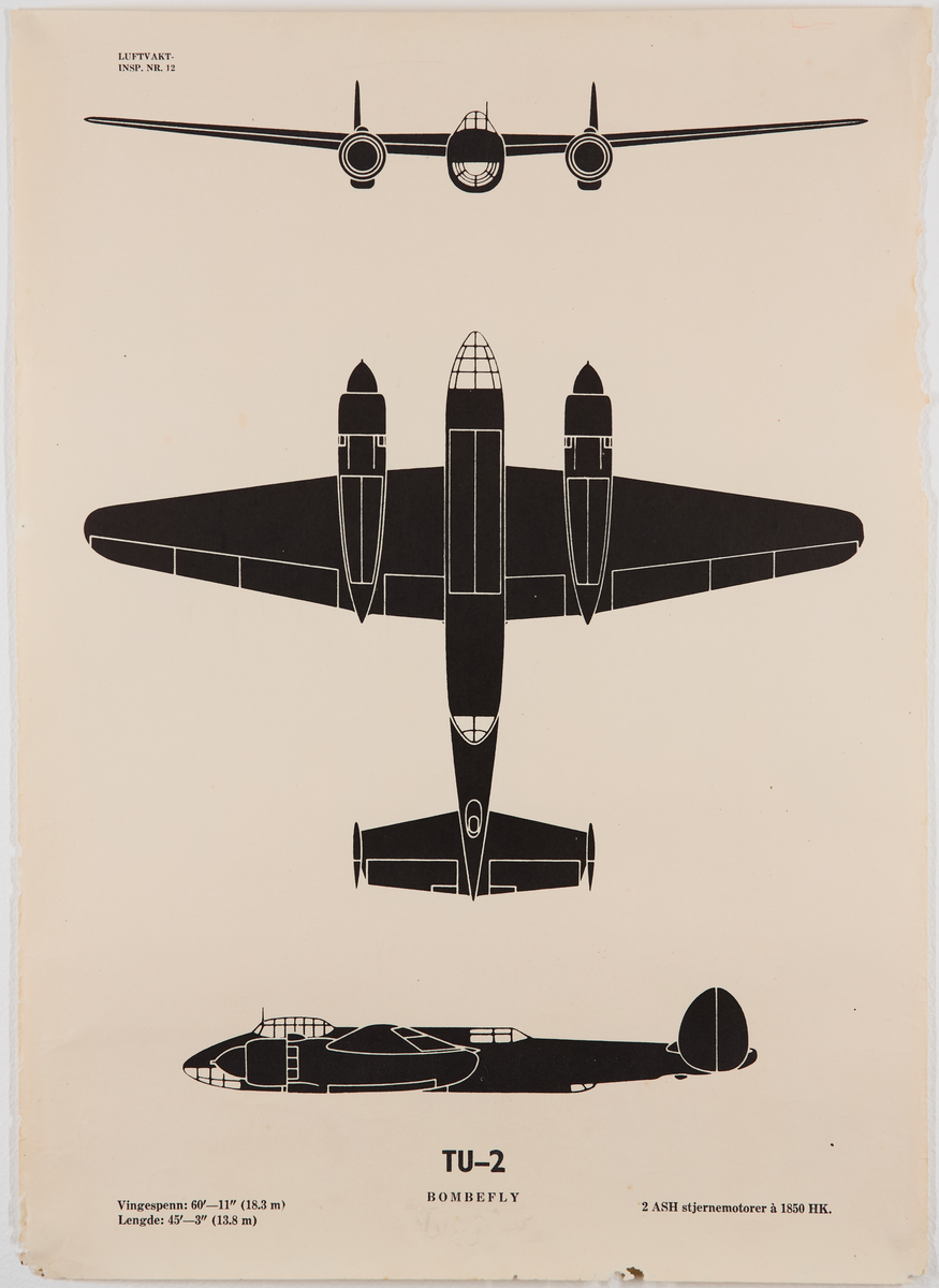 TU-2 bombefly. Plakat fra Luftvaktinspeksjonen som viser militære fly fra forskjellige vinkler.