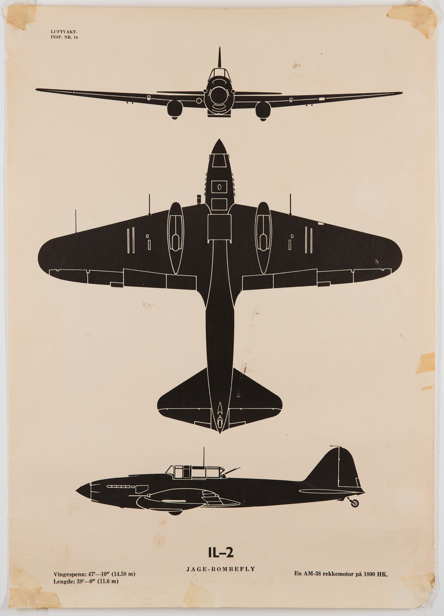 IL-2 jage- og bombefly. Plakat fra Luftvaktinspeksjonen som viser militære fly fra forskjellige vinkler.