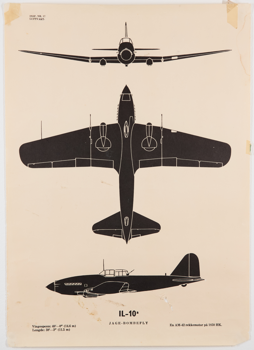 IL-10a jage- og bombefly. Plakat fra Luftvaktinspeksjonen som viser militære fly fra forskjellige vinkler.