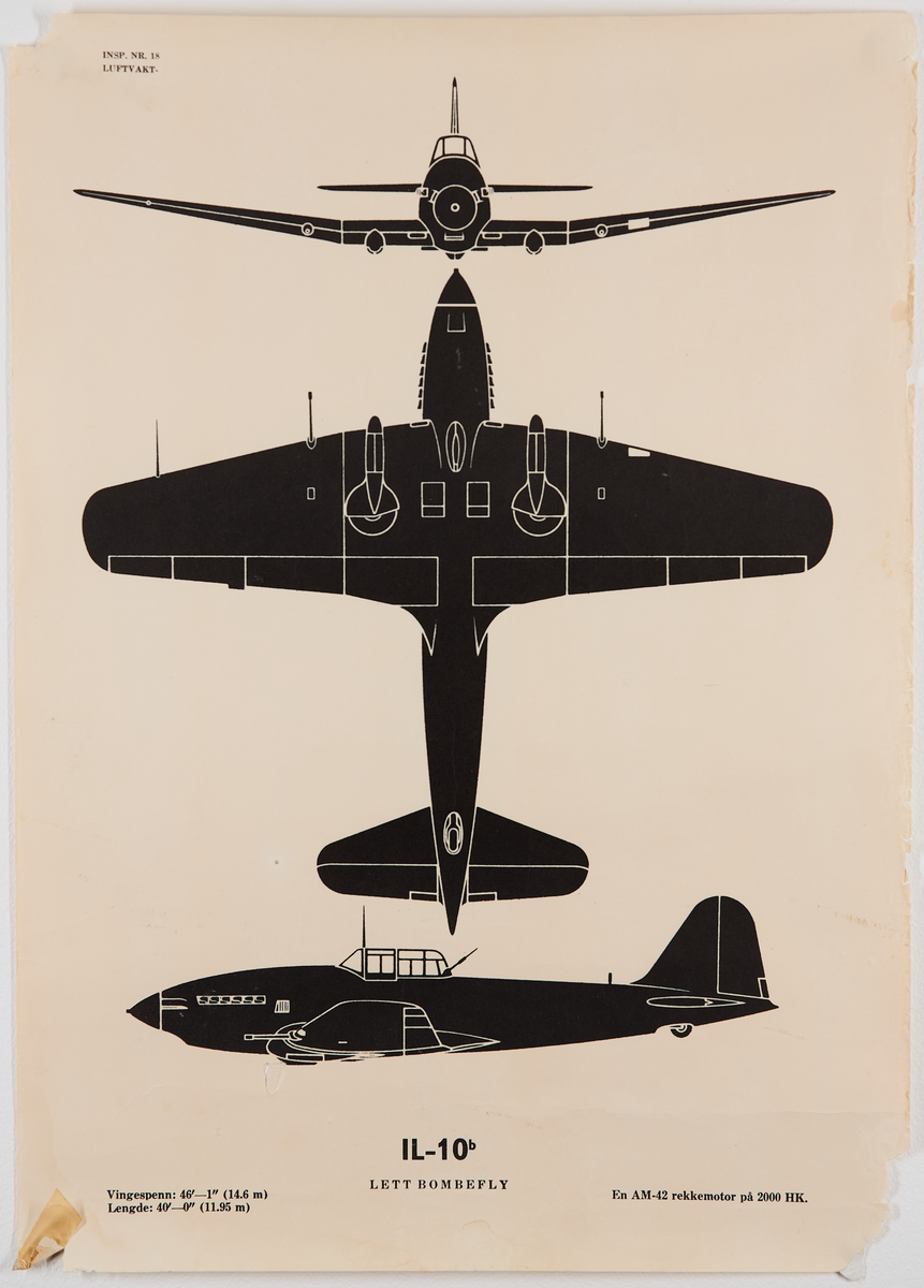 IL-10b lett bombefly. Plakat fra Luftvaktinspeksjonen som viser militære fly fra forskjellige vinkler.