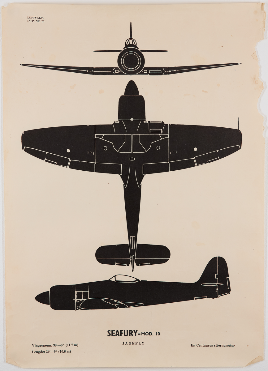 Seafury mod. 10 jagefly. Plakat fra Luftvaktinspeksjonen som viser militære fly fra forskjellige vinkler.
