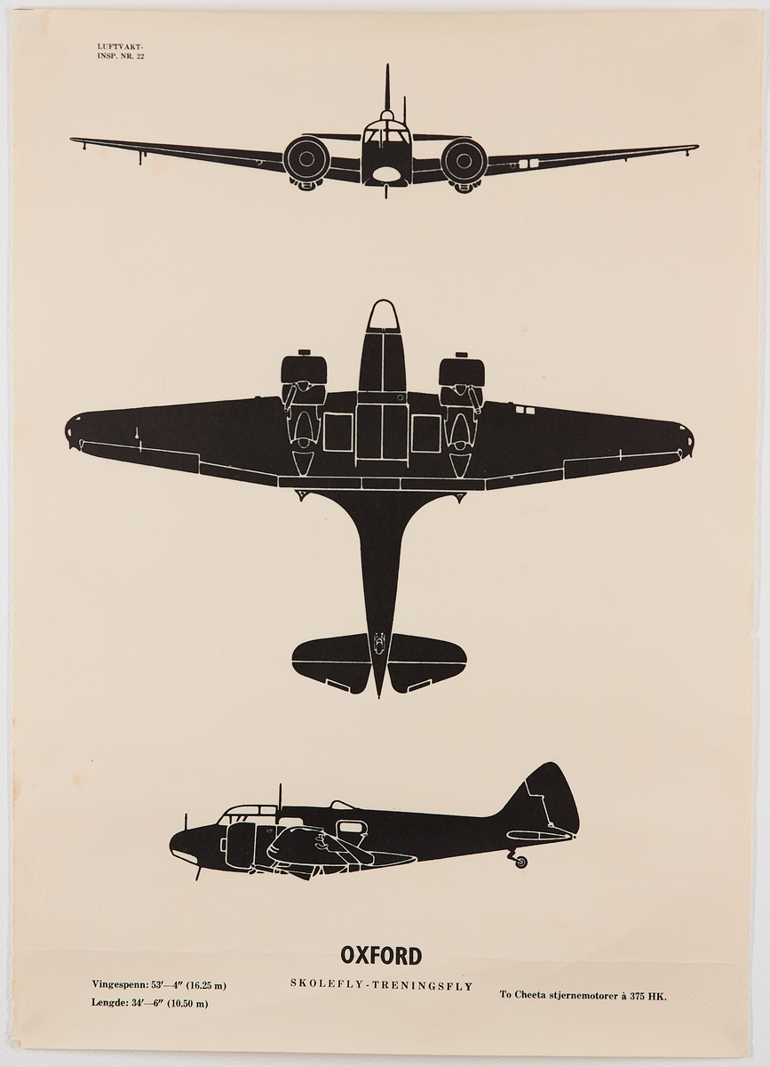 Oxford skolefly og treningsfly. Plakat fra Luftvaktinspeksjonen som viser militære fly fra forskjellige vinkler.