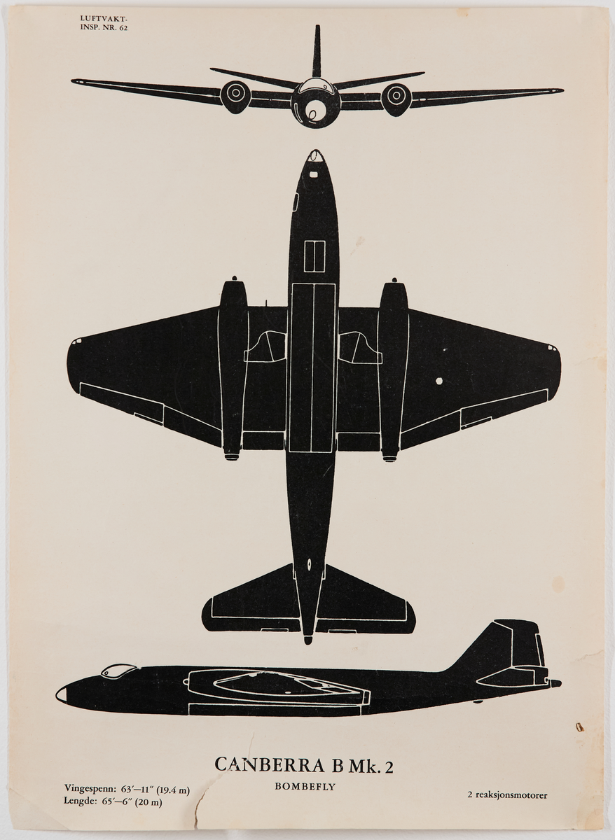Canberra B mk. 2 bombefly. Plakat fra Luftvaktinspeksjonen som viser militære fly fra forskjellige vinkler.