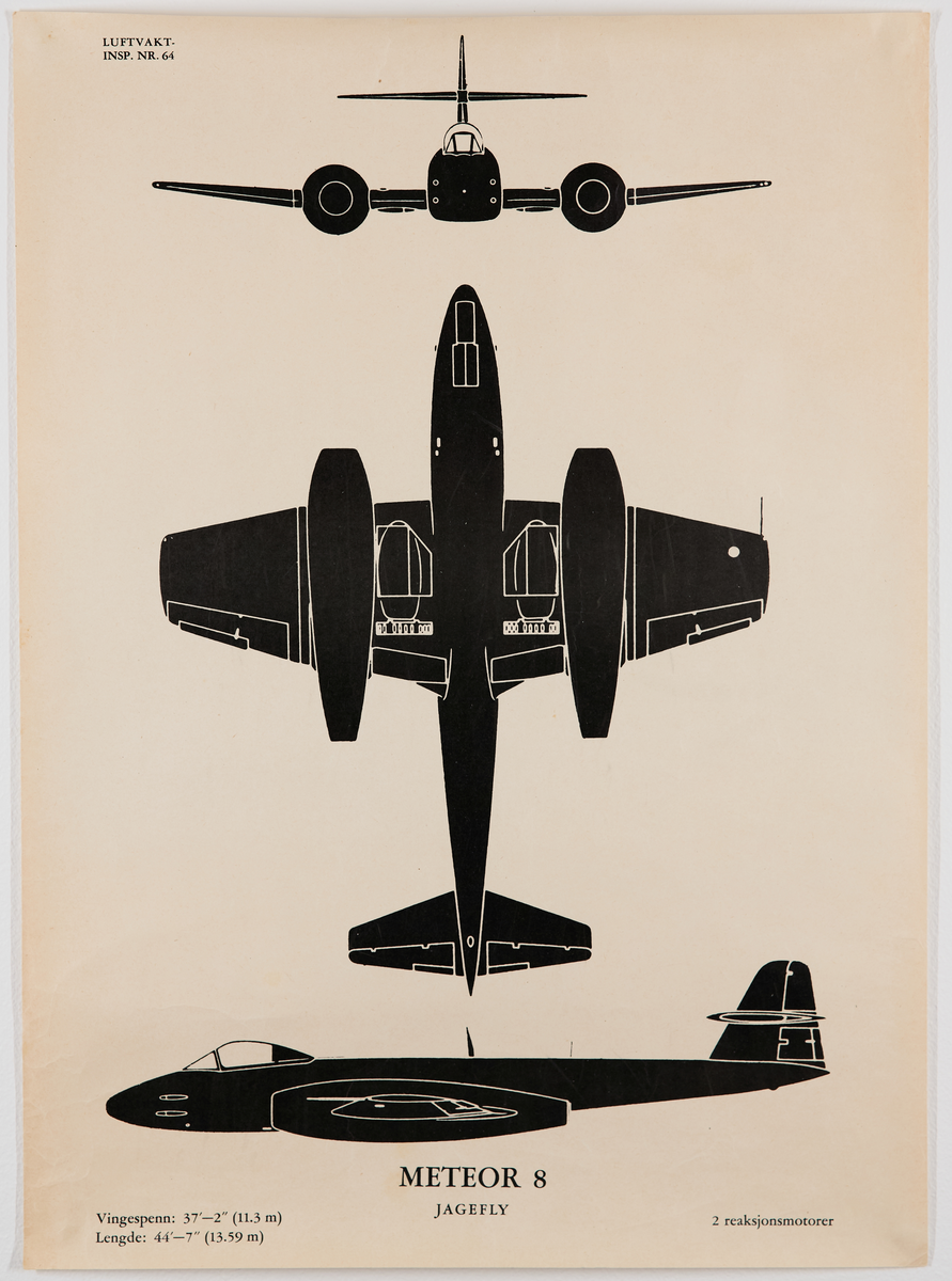 Meteor 8 jagefly. Plakat fra Luftvaktinspeksjonen som viser militære fly fra forskjellige vinkler.