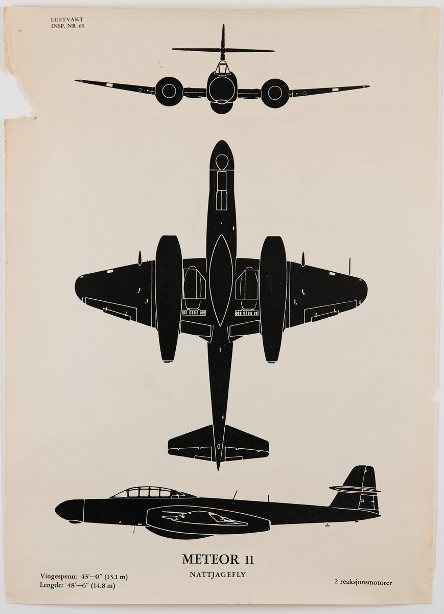 Meteor 11 nattjagefly. Plakat fra Luftvaktinspeksjonen som viser militære fly fra forskjellige vinkler.