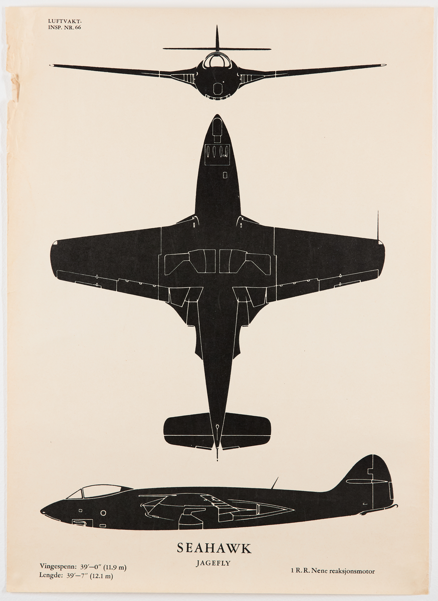 Seahawk jagefly. Plakat fra Luftvaktinspeksjonen som viser militære fly fra forskjellige vinkler.