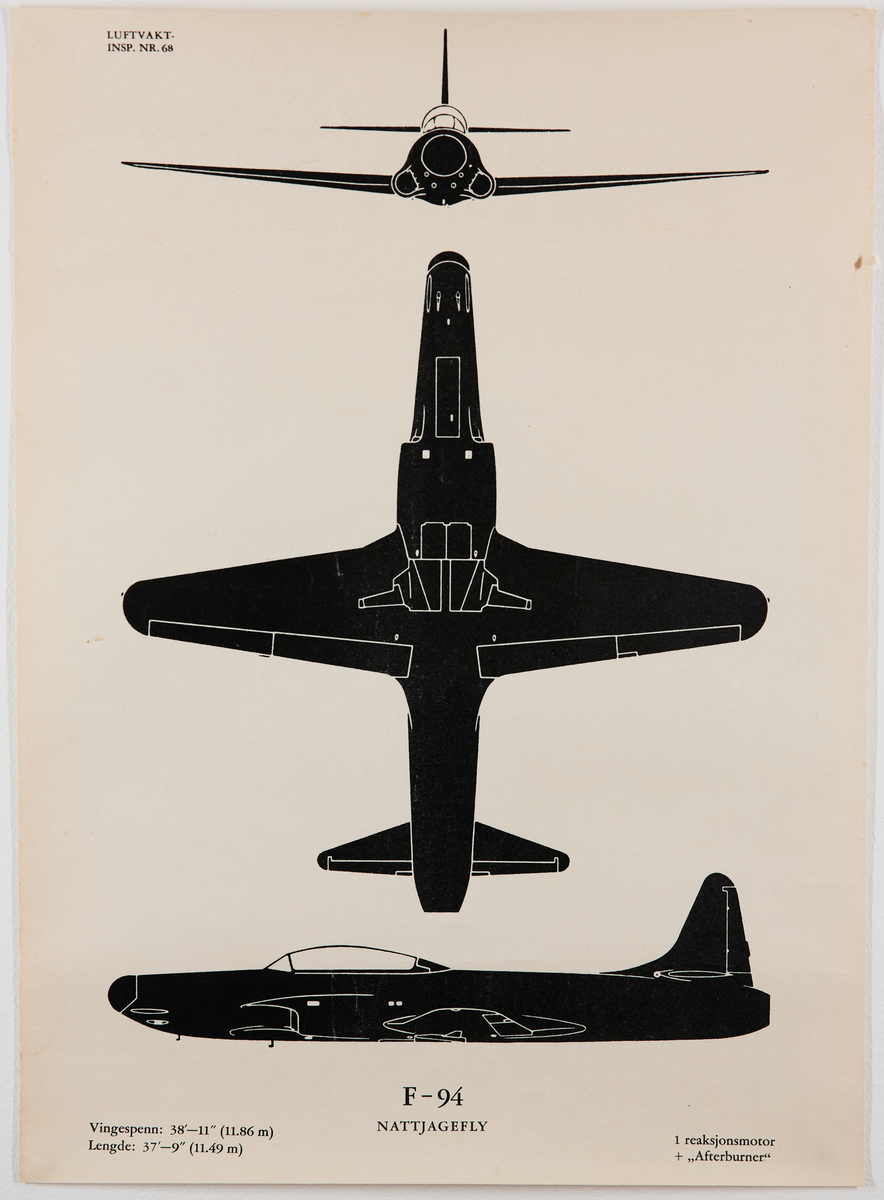 F-94 nattjagefly. Plakat fra Luftvaktinspeksjonen som viser militære fly fra forskjellige vinkler.