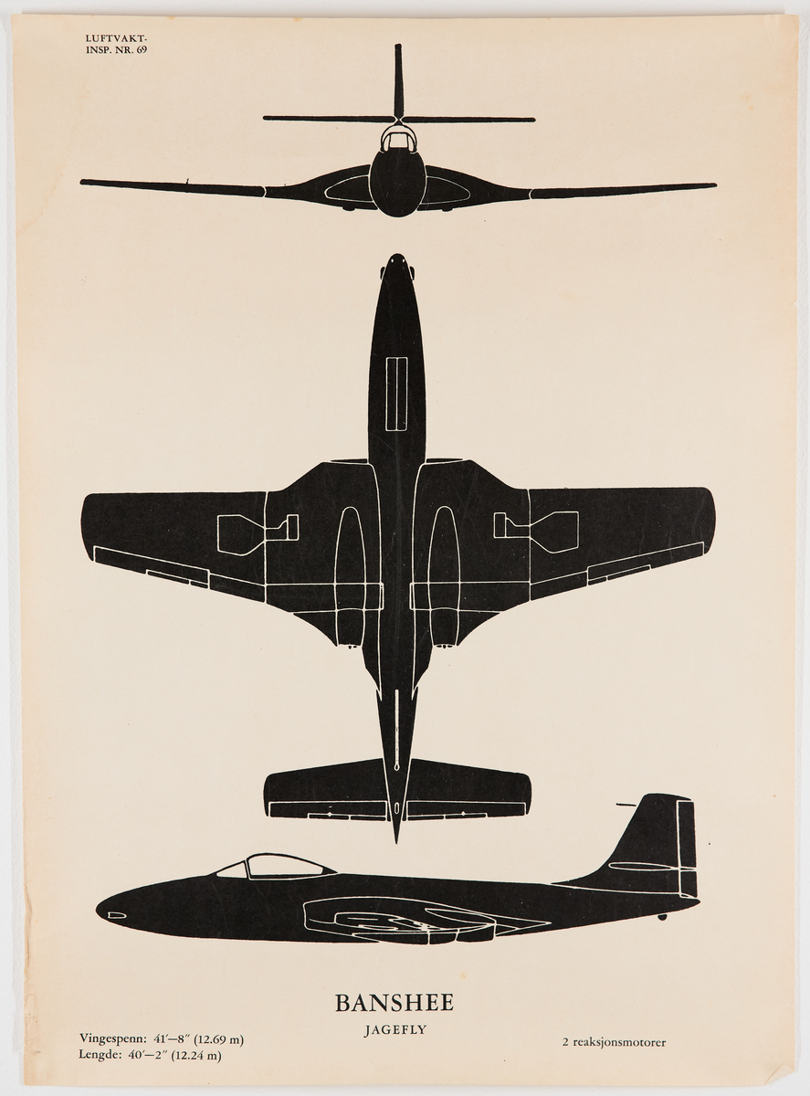 Banshee jagefly. Plakat fra Luftvaktinspeksjonen som viser militære fly fra forskjellige vinkler.