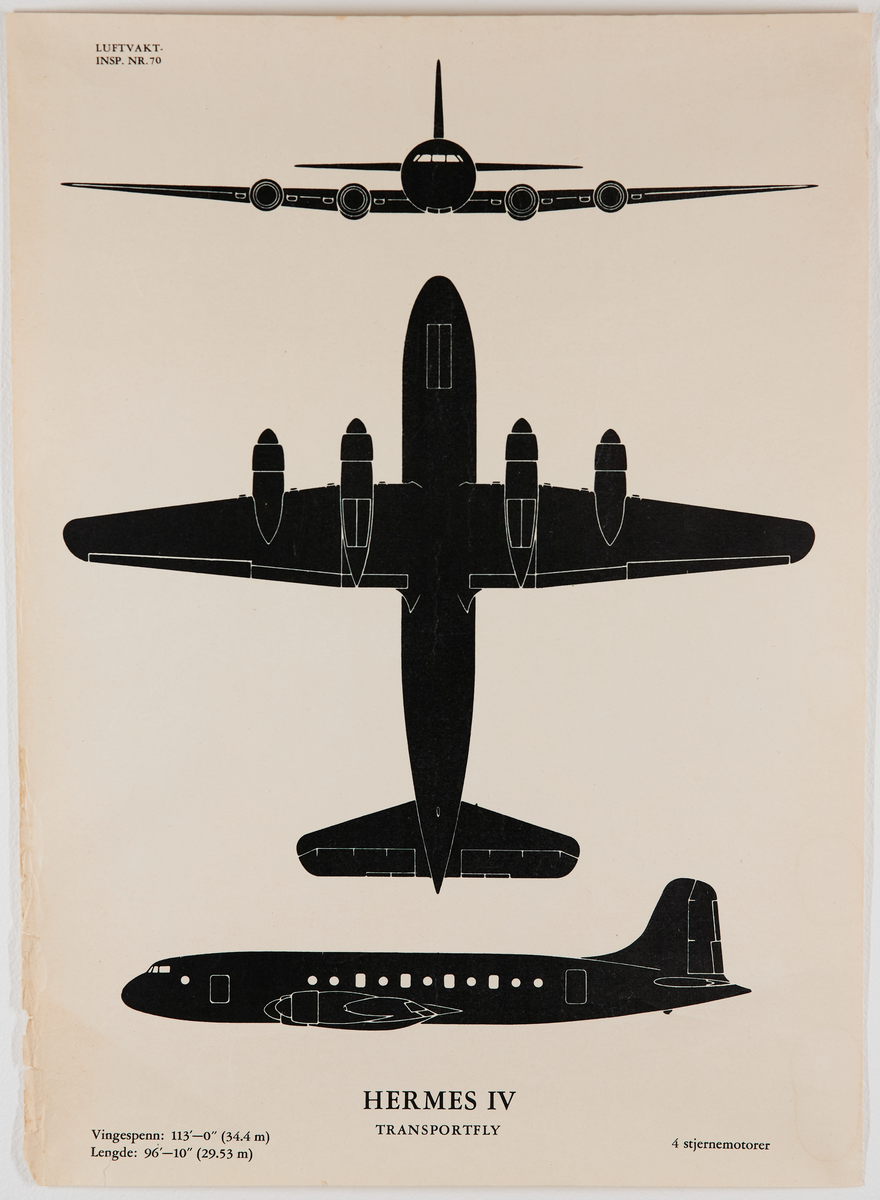 Hermes IV transportfly. Plakat fra Luftvaktinspeksjonen som viser militære fly fra forskjellige vinkler.