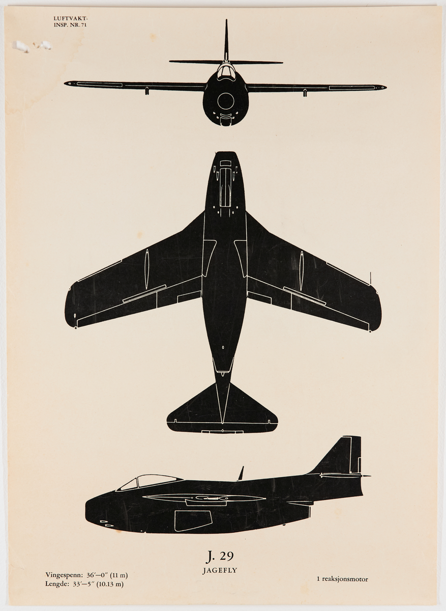 J. 29 jagefly (Saab). Plakat fra Luftvaktinspeksjonen som viser militære fly fra forskjellige vinkler.