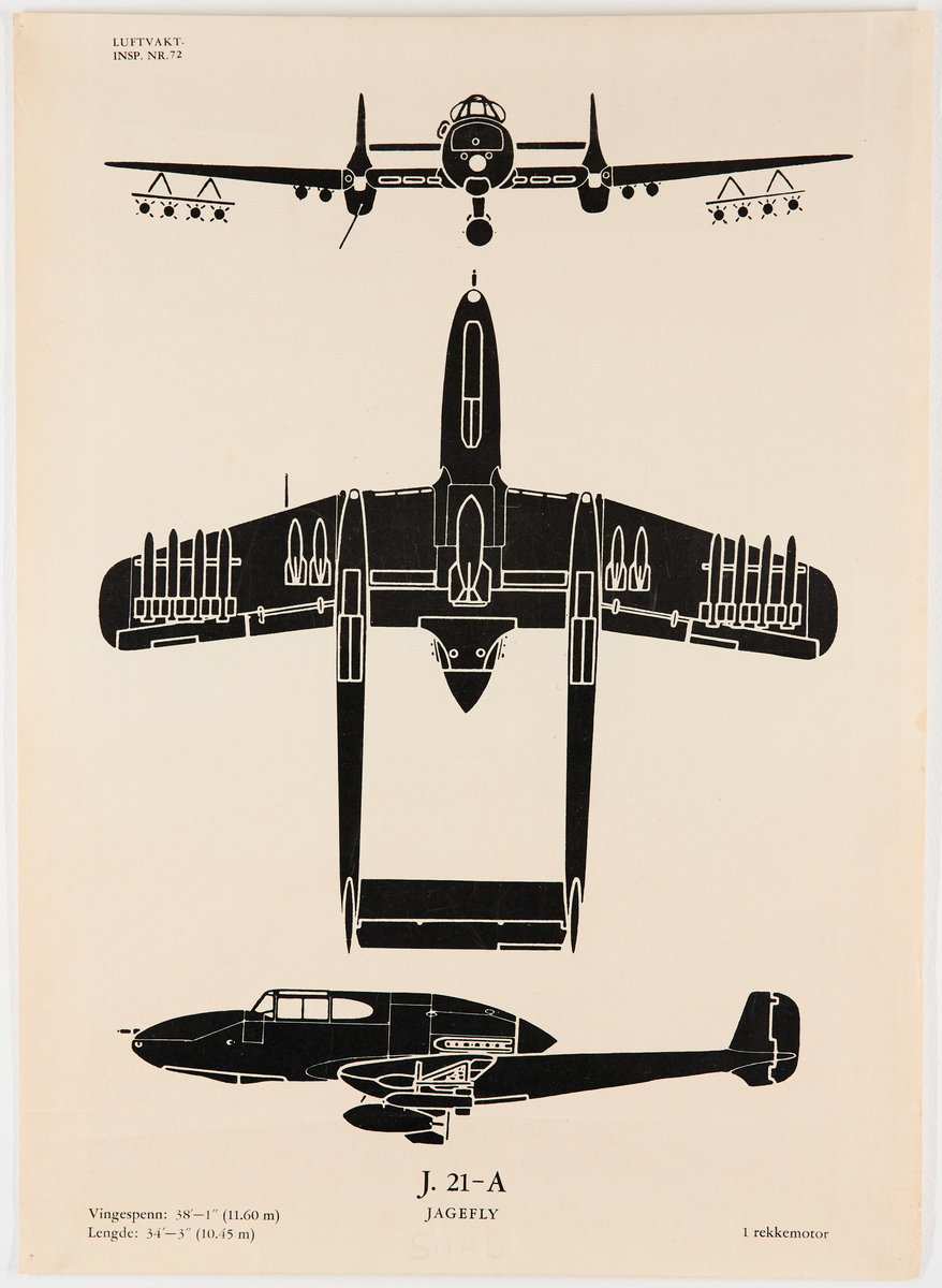 J 21-A jagefly (Saab). Plakat fra Luftvaktinspeksjonen som viser militære fly fra forskjellige vinkler.