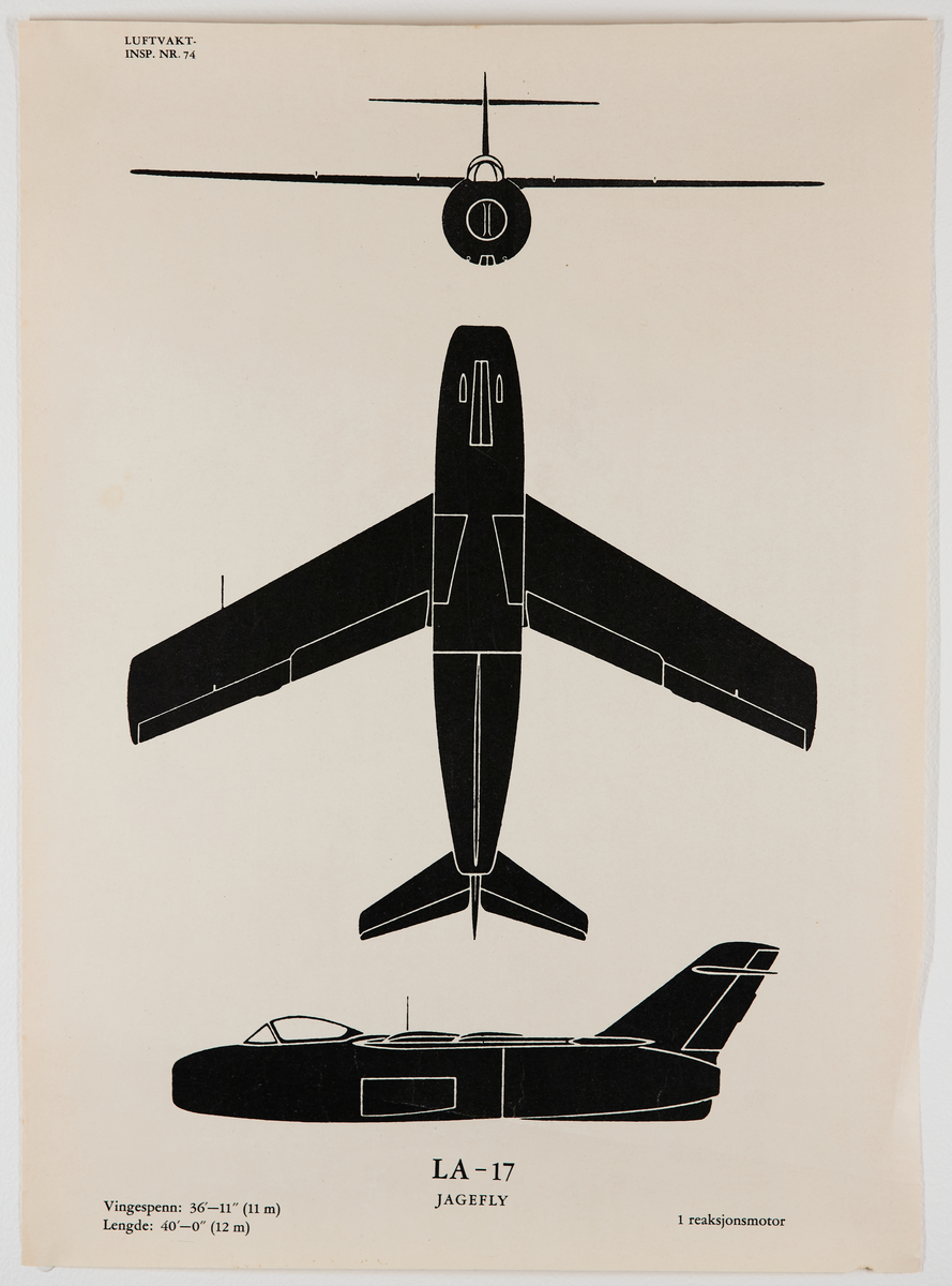 LA-17 jagefly. Plakat fra Luftvaktinspeksjonen som viser militære fly fra forskjellige vinkler.