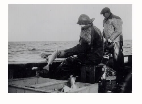 Fiske från båt. Bild 1 (A544): Tonfisk halas ombord. Bild 2 (A542a): Backorna dras. Två män vid relingen, en kastar fisken i trälåda. Bild 3 (A543): Backfiske. Männen står med var sin lina vid relingen. Okänd fotograf, början av 1950-talet.
