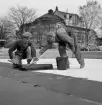 Sven Karlsson och John Andersson färdigställer spegeldammen.
I september år 1951 stod Vasatorget, som det ursprungligen kallades, klart. Landshövding Carl Hamilton avtäckte Ivar Johnssons konstverk 