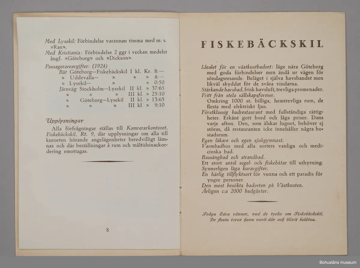 Turistbroschyr för Fiskebäckskils Havskuranstalt 1924.