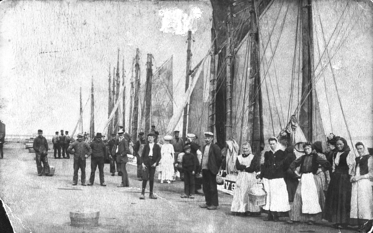 Vykort, "Hamnen, Varberg." En folksamling, vänd mot fotografen, vid fiskebåtarna längs västra kajen i Varbergs hamn. Tidigt 1900-tal. Bild 2 är en svartvit version.
