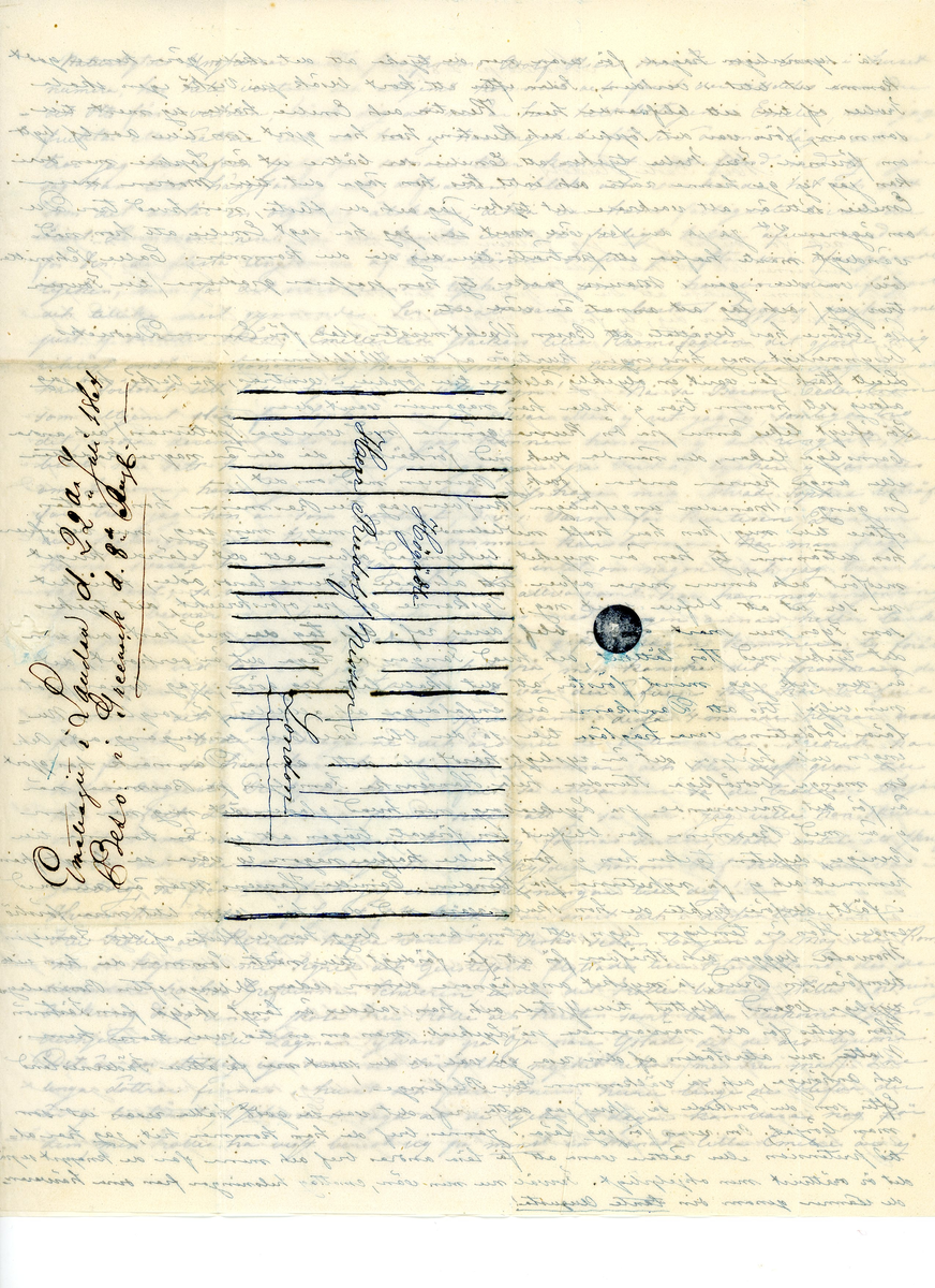 Brev utan kuvert. Skickat från Sverige till London 1864. Mottagaren är Rudolf Nissen, svensk sjöofficer inom Kungliga Flottan.

1 ark.