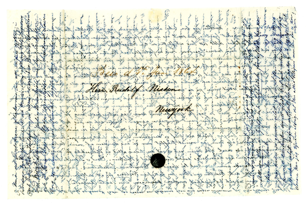 Brev utan kuvert. Skickat från Sverige till New York 1864. Mottagaren är Rudolf Nissen, svensk sjöofficer inom Kungliga Flottan.

1 ark.

Brevet är skrivet på tvären / skrivet i rutor. Det innebär att man fortsätter skriva på samma papper, vinkelrätt mot de tidigare raderna. Det var ett sätt att spara papper och brevporto som användes på 1800-talet.