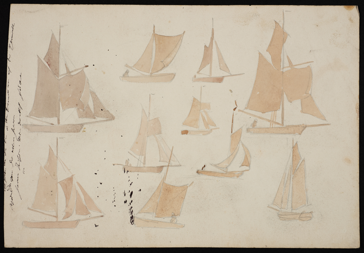 Skisser av båter med seil og værhaner. Skisser på begge sider av arket.