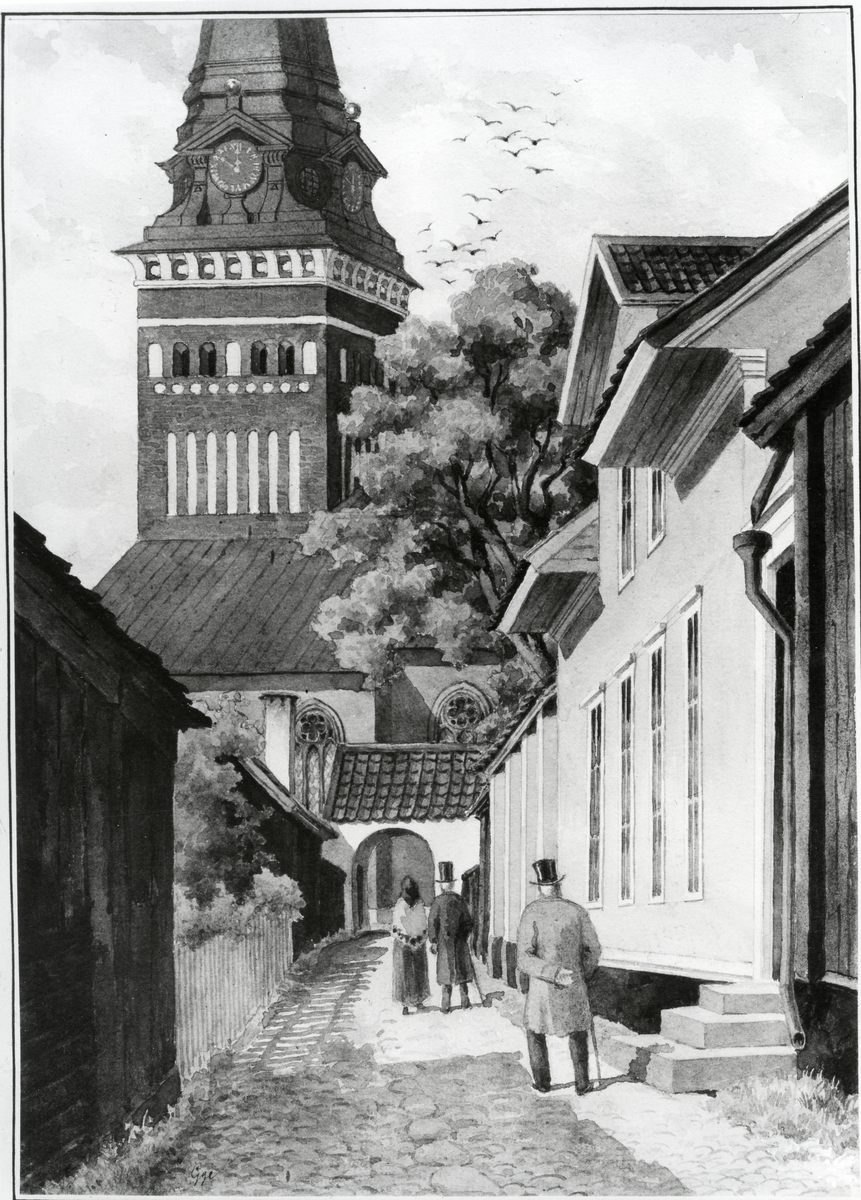 Västerås, Centrum, kv. Jesper.
Akvarell föreställande Lillla Kyrkogatan.