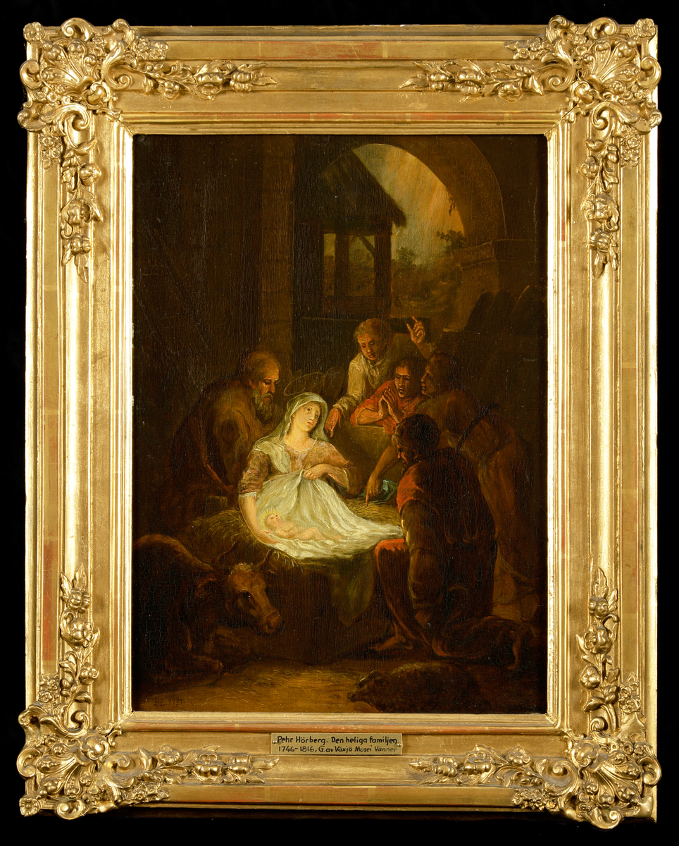 Oljemålning på pannå. 
Den heliga familjen. Jungfru Maria visar Jesusbarnet för herdarna.