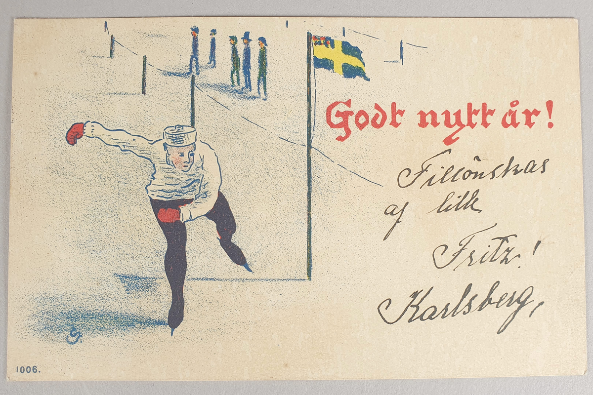 Postkort med tegning av en skøyteløper og svensk flagg med sildesalat. Kortet er frankert med et grønt frimerke og stemplet.