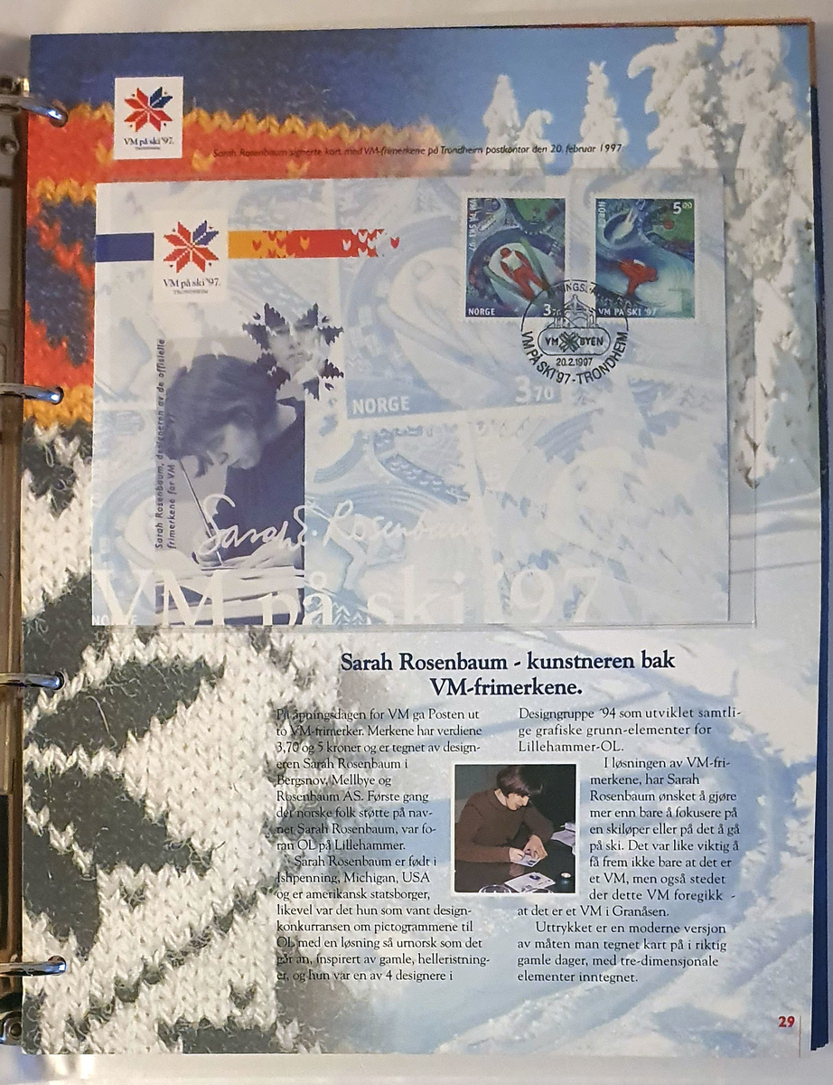 Album med frimerker og konvolutter fra Ski-VM i Trondheim 1997. Alle konvolutter og frimerker er førstedagsstemplet.