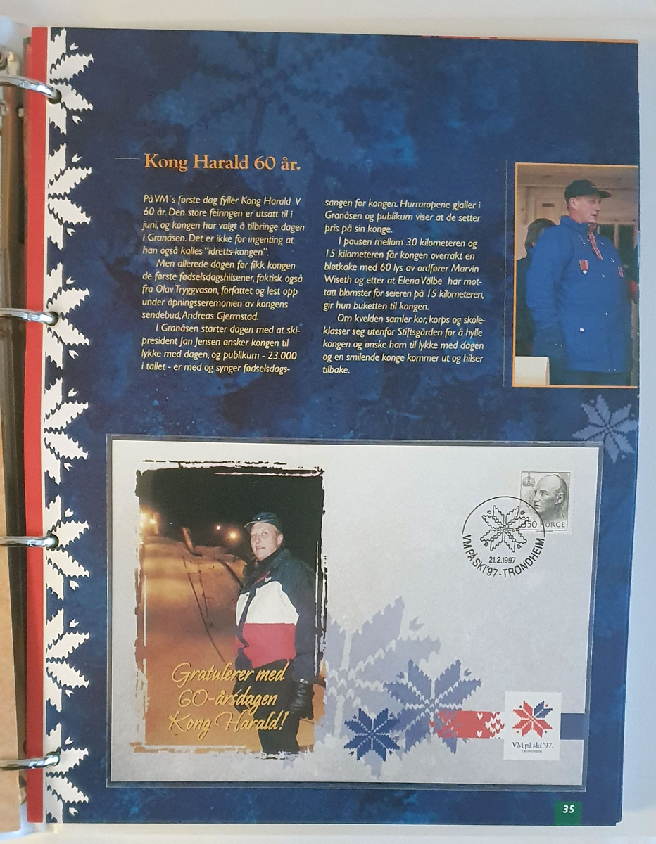 Album med frimerker og konvolutter fra Ski-VM i Trondheim 1997. Alle konvolutter og frimerker er førstedagsstemplet.