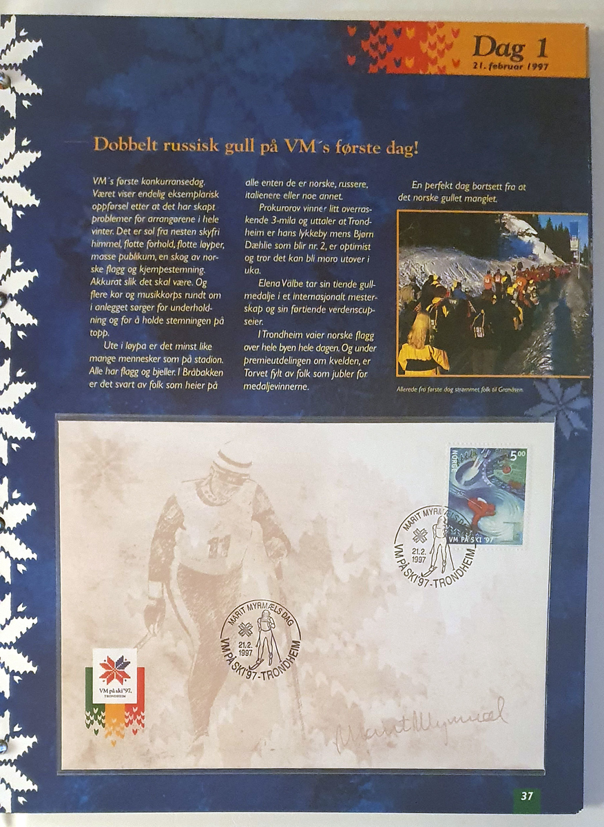 Album med frimerker og konvolutter fra Ski-VM i Trondheim 1997. Alle konvolutter og frimerker er førstedagsstemplet.