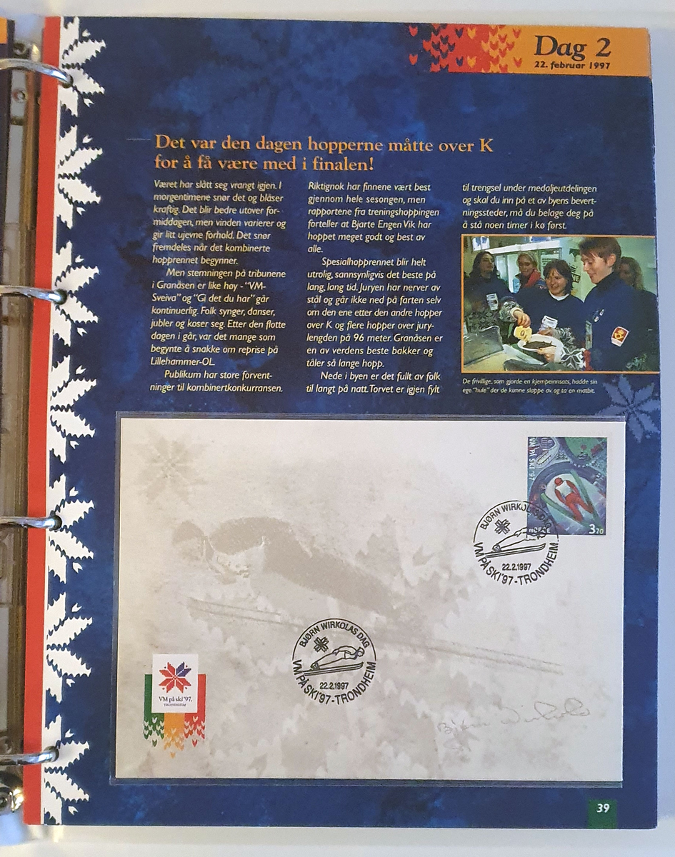 Album med frimerker og konvolutter fra Ski-VM i Trondheim 1997. Alle konvolutter og frimerker er førstedagsstemplet.